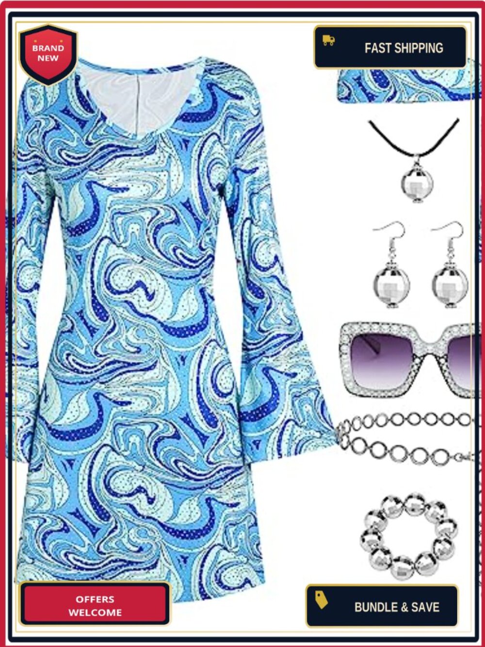 70s Disco Outfit Sequin Dress 7 Piece Set Costume
